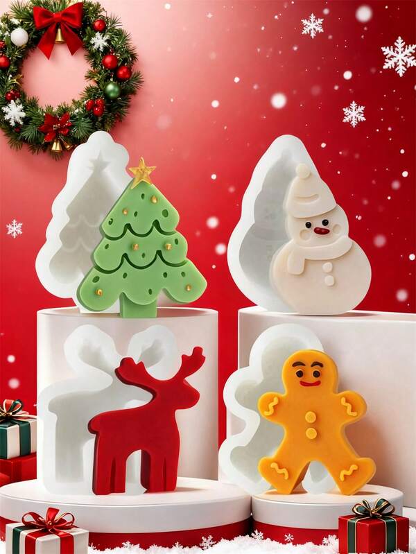 4PCS Christmas Tree Silicone Mould Elk Candle Moulds Snowman Gingerbread Man Silicone Candle Mold, Christmas Gift Set Resin Mold, Furniture Decoration