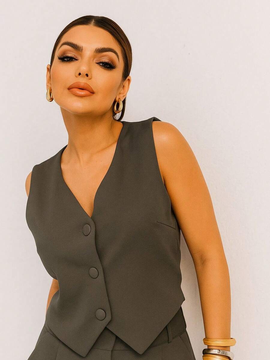 Plain Tailored Vest - The Sophisticated Choice For Work And Everyday Wear - 深灰色 - 查看 1