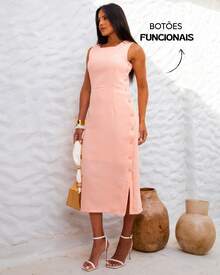 Classic Long Black Dress With Round Neck, Pockets And Elegant Slit Design - Màu hồng cá hồi - Xem 1