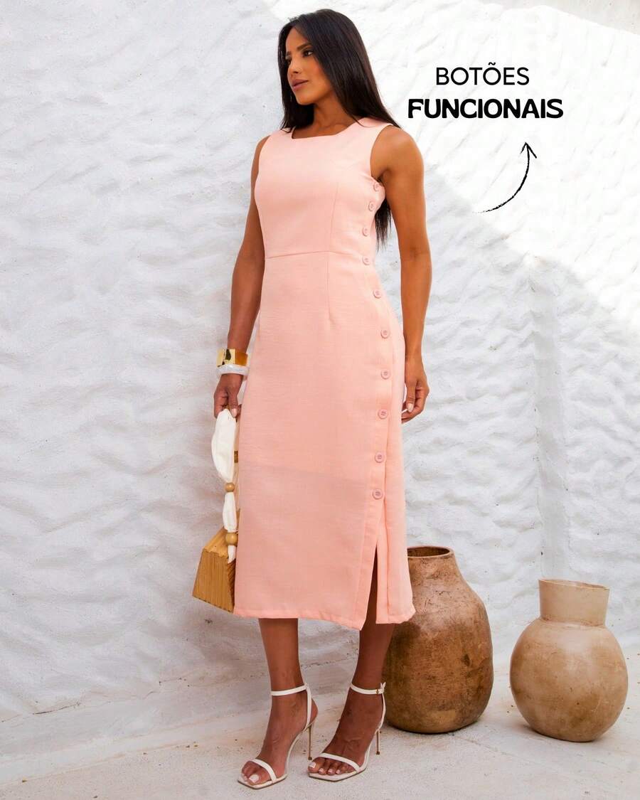 Classic Long Black Dress With Round Neck, Pockets And Elegant Slit Design - Màu hồng cá hồi - Xem 1