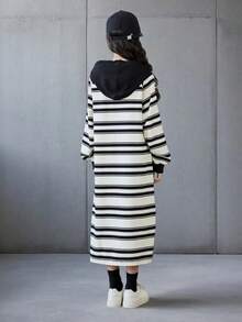 秋冬条纹连帽宽松连衣裙，前口袋，撞色肩袖中长连衣裙 - 彩色 - 查看 5