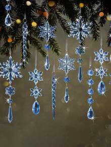 Lot de 10 ornements de Noël en cristal pour la décoration du sapin de Noël - Flocons de neige et glaçons en acrylique bleu clair avec pendentifs pour les décorations de fête du Nouvel An