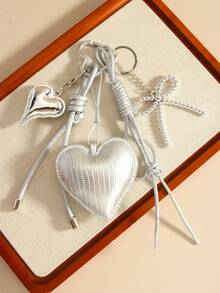 Series Original High-Quality Silver PU Heart Bow Braided Rope Bag Charm Keychain, Versatile Accessory Suitable For Women's Daily Wear