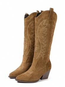 Pointed Toe Thick Sole Chunky Heel New Fashion Versatile Faux Suede V-Cut Tall Boots, Embroidered Western Cowboy Boots, Suitable For Vacation, Music Festival, Halloween