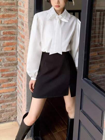 女士休闲蕾丝镂空领衬衫，优雅蝴蝶结长袖上衣，秋冬