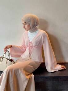 Elegant Waist Cinched Long Sleeve Muslim Women Blouse, Pink - Pink - View 5