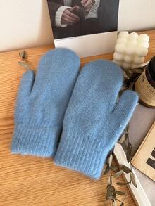 1 Pair Women's Solid Color Rabbit Thermal Lined Double-Layer Thick Knitted Fingerless Gloves, Suitable For Parties, Driving, Cycling, Hiking, Running, Keeping Warm In Cold Weather