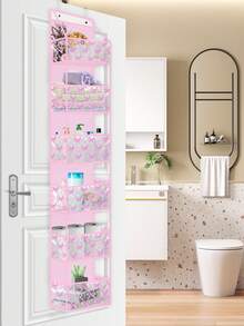 1 件 4/6 层门上收纳架，带 2 个挂钩，大容量无纺布壁挂式储物袋，带透明 PVC 口袋，门后蝴蝶结郁金香图案储物架，适用于卧室育儿室衣橱洗衣房餐具室浴室。（粉色） - 粉色 - 查看 2