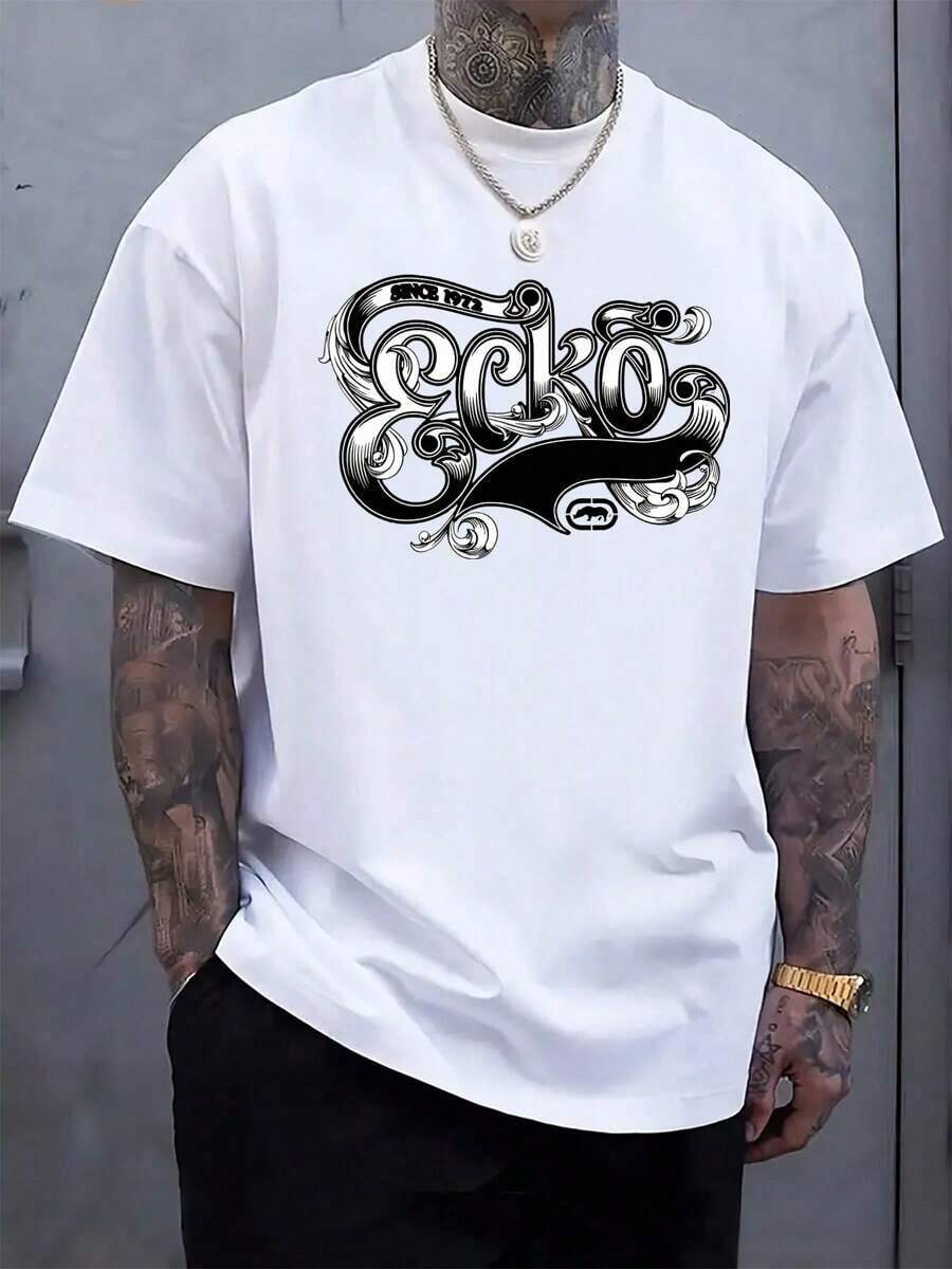 Men'S Casual Ecko Graphic Print T-Shirt - White Short Sleeve Round Neck Regular Fit Summer Holiday Tee With Intricate Black Design Casual Wear |   Graphic Print Tee |   Slight Stretch Fabric Soft Stretch Breathable Fit Lightweight Flexible2025 Men's New Simple Short Sleeve Comfortable And Breathable In Summergraphic Tees Men Shirts Streetwear White Shirt Black Shirt - 白色 - 查看 1