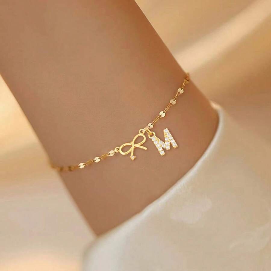 1pc Minimalist Fashionable Bow & Letter Stainless Steel Gold Lip Chain Bracelet, For Women - Gold Micro-inlay - View 1