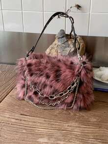 1 Túi đeo vai bằng lông giả họa tiết báo đốm màu đỏ tía dành cho nữ kèm dây xích, thời trang thu đông, túi lông mới về dành cho nữ - Màu Đỏ Sâu - Xem 3
