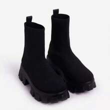Winter Warm Ankle Boots For Women Woven Knit Sock Chunky Heel Indoor Outdoor House Shoes - 黑色 - 查看 1