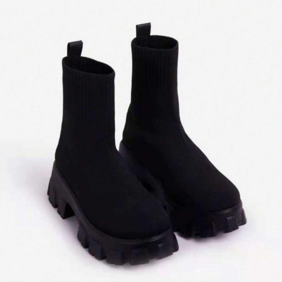 Winter Warm Ankle Boots For Women Woven Knit Sock Chunky Heel Indoor Outdoor House Shoes - 黑色 - 查看 1