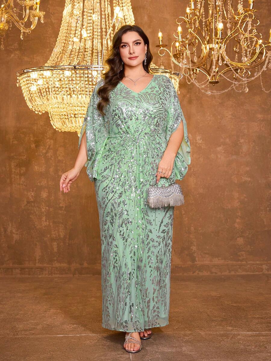 UNITHORSE UNITHORSE Plus Women's Cape Sleeves Sequins Patchwork Mesh Fabric Slim-Fitting Long Evening Dress