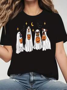 Women's Halloween Graphic Print T-Shirt, Comfortable And Fashionable, Perfect For Travel And Fitness, With A Loose, Round Neckline, Perfect For Halloween, Thanksgiving, And Christmas, Perfect For Birthday Gifts For Friends And Family