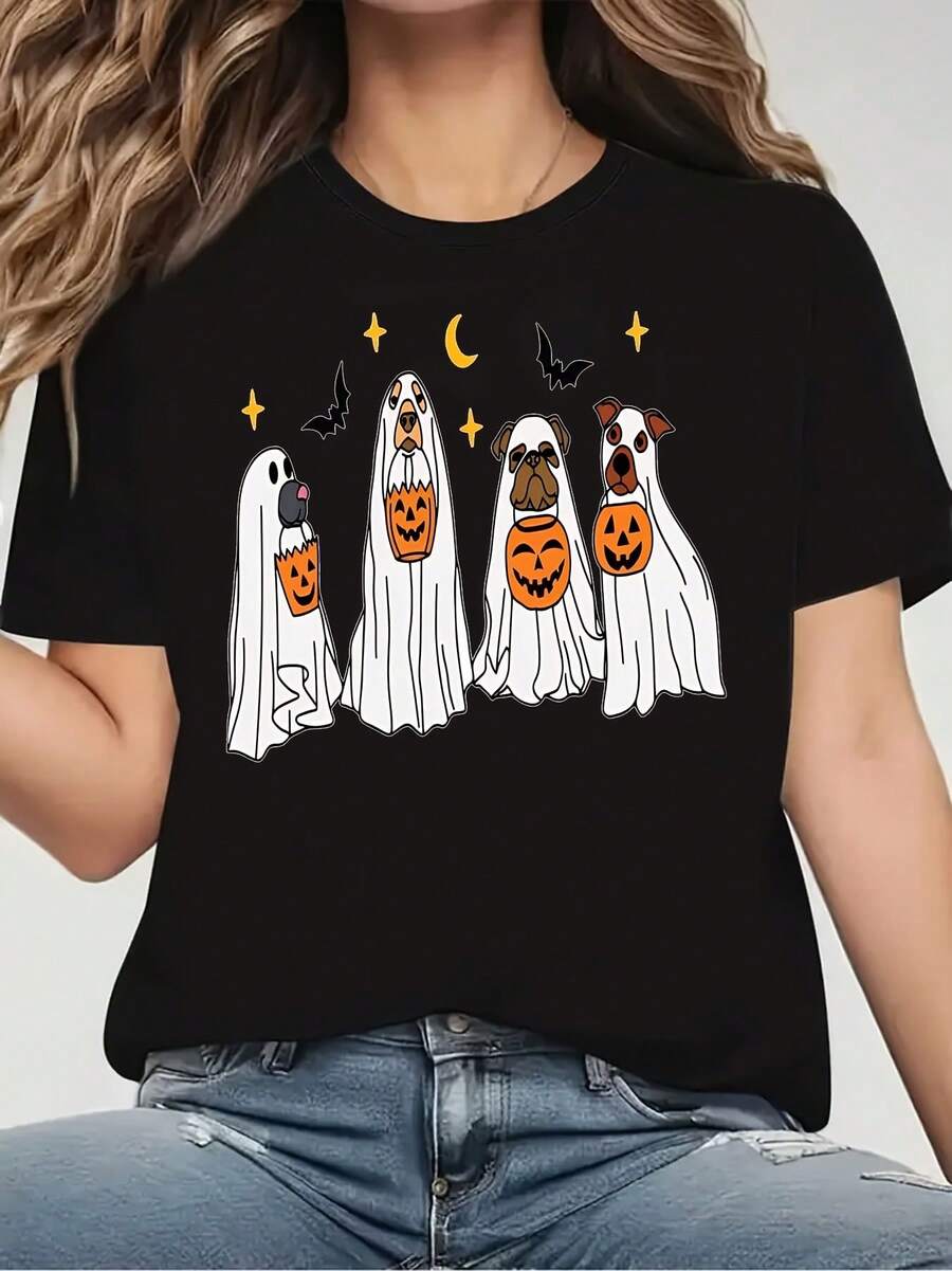 Women's Halloween Graphic Print T-Shirt, Comfortable And Fashionable, Perfect For Travel And Fitness, With A Loose, Round Neckline, Perfect For Halloween, Thanksgiving, And Christmas, Perfect For Birthday Gifts For Friends And Family
