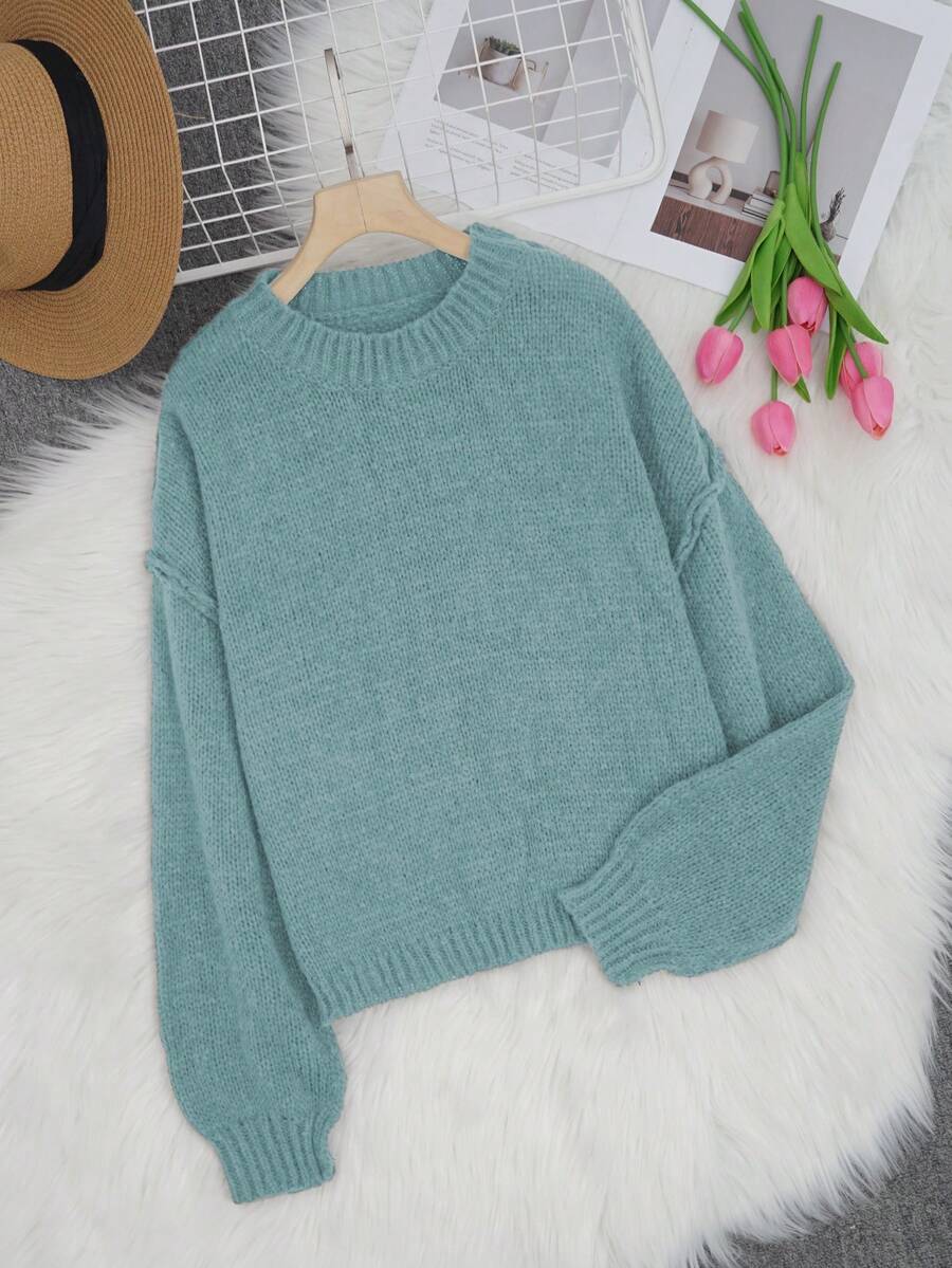 Damen Mode Neue Herbst/Winter Strickpullover, französischer Stil Pullover, Außennaht, offene Schulter, Rückkehr zur Schule, amerikanischer Pullover, modisch, Lehrerin, 70er Jahre Pullover, Pendeln, Minimalismus, Bürokleidung, Retro, einfach, französisch, Herbst Top Old Money Stil, Lehrerpullover, Rundhalsausschnitt, Drop Shoulder Langarm, Damen Lässig Drop Shoulder Langarm Pullover, geeignet als Oberbekleidung - Babyblau - Übersicht 1