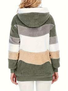 2026 Early Spring Curated Collection Plus Size - Women'S Plus Size Colorful Patchwork Hooded Jacket - Cozy Fleece-Lined Winter Coat With Drawstring, Casual Style, White & Blue, Beige & Blue, Cream & Blue, White & Cream, Winter Outerwear | Casual Style Jacket | Fleece Lined Jacket Colorblock Hooded Oversized Jacket For Women, Autumn/Winter This Retro Color-Block Faux Fur Hooded Jacket Is Your Cold-Weather "Joy Trigger"-The Second You Wrap Into It, Your Fingers Sink Into (Fluff) That Feels Like A Sun-Warmed Blanket: Soft, Plush, And Warm Enough To Lock Out Drafts, But Light Enough That You Can Reach For  Dig For Keys Without Feeling Bulky. - 綠色 - 查看 2