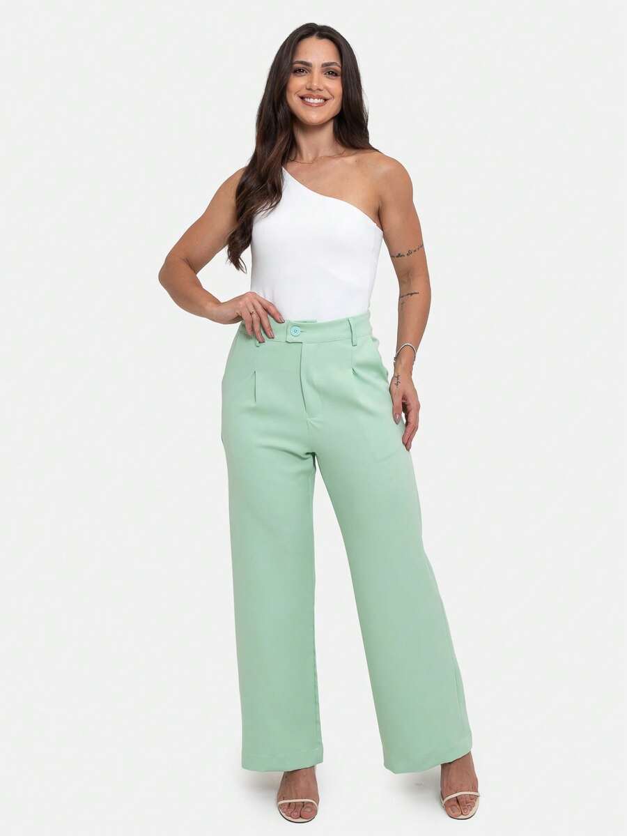 Simple Elegant Casual Polyester Zipper Pocket Button Daily Pants - Mint Green - View 1