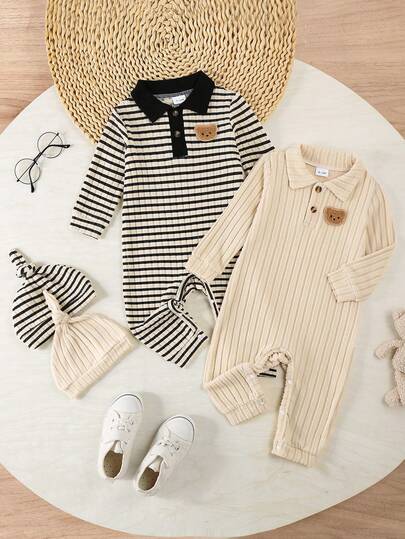 مجموعة من قطعتين للأطفال الصبية في فصل الخريف/الشتاء، رومبير وقبعة مزينة بنقشة الدب الكرتونية الناعمة، ذات طوق مرتب من القطيفة، مناسبة للارتداء الخارجي، موضة موسمية، تصميم مزخرف بالخياطة، قابلة للغسل في الغسالة، جنسي للأطفال، هدية للوالدين، ملابس للمناسبات، خيار مثالي للخارج