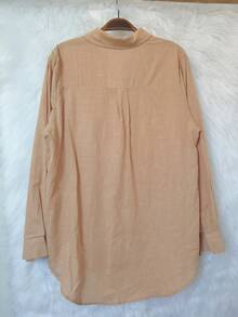Women's Long Sleeve Linen Shirt - Beige 2 - View 2