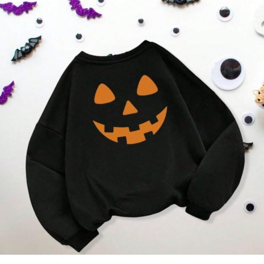 Sudadera Estampada Con Cuello Redondo Unisex, Sudadera De Cuello Redondo Para Hombre Y Mujer Con Estampado De Cara Calabaza, Sudadera Casual Ideal Para Halloween Y Dia De Muertos. - Negro - Ver 1