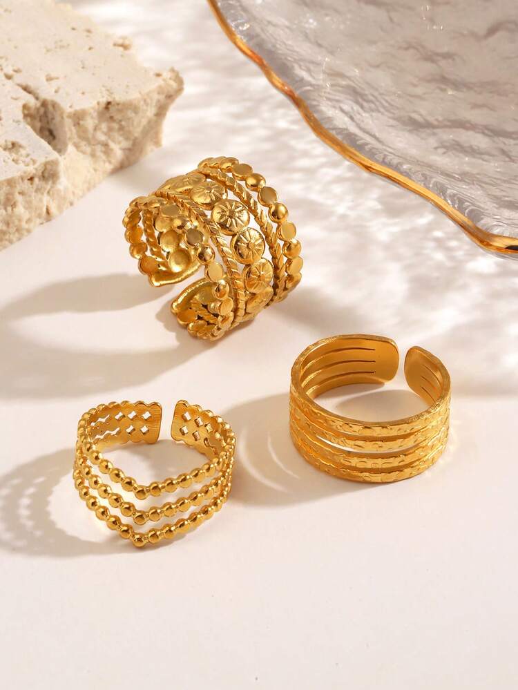 3pcs/Set Stainless Steel Minimalist Geometric Circle Line Design Rings Set, Suitable For Women's Daily And Party Wear - Multicolor - View 5