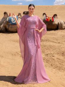GIFORU Luxury Lavender Embroidered And Sequined Gown - Sheer Cape With Open Back & Belt Accent For Red Carpet Events, Opera Galas And Charity Balls - 藕粉色 - 查看 4