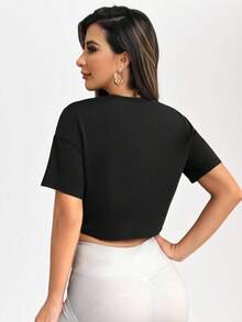 SHEIN Sports Camiseta deportiva ajustada con estampado de letras y teñido anudado - Negro - Ver 3