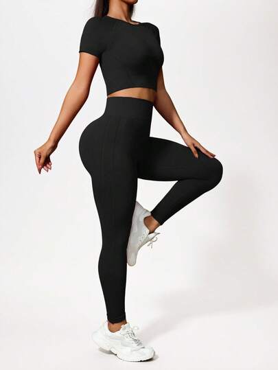 SHEIN Sports 男士纯色圆领短袖上衣和裤子高弹无缝运动套装，休闲日常健身套装女士健身套装女士紧身裤套装