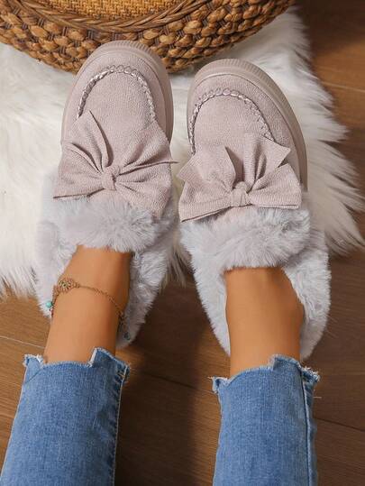 [Cross-Border Bestseller] Bow Fleece Snow Boots, Faux Rabbit Fur Lining, -On, Warm, Anti- Thick Sole, Fashion Versatile European & American Style, Autumn/Winter Women