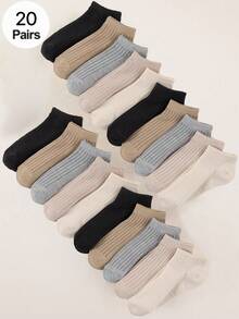 1 Pair/20 Pairs Solid Color Striped Simple Everyday Versatile Skin-Friendly Comfortable Breathable Women Short Socks - Multicolor - View 8