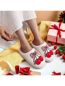 女士拖鞋，可爱的粉色蝴蝶结和樱桃水果图案，舒适蓬松的秋冬室内拖鞋 - 白色 - 查看 13