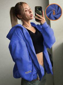 1pc Teen Girls Casual Versatile Workout Fleece Hooded Sweatshirt, Thick & Warm, Spring/Autumn/Winter - Blue - View 2