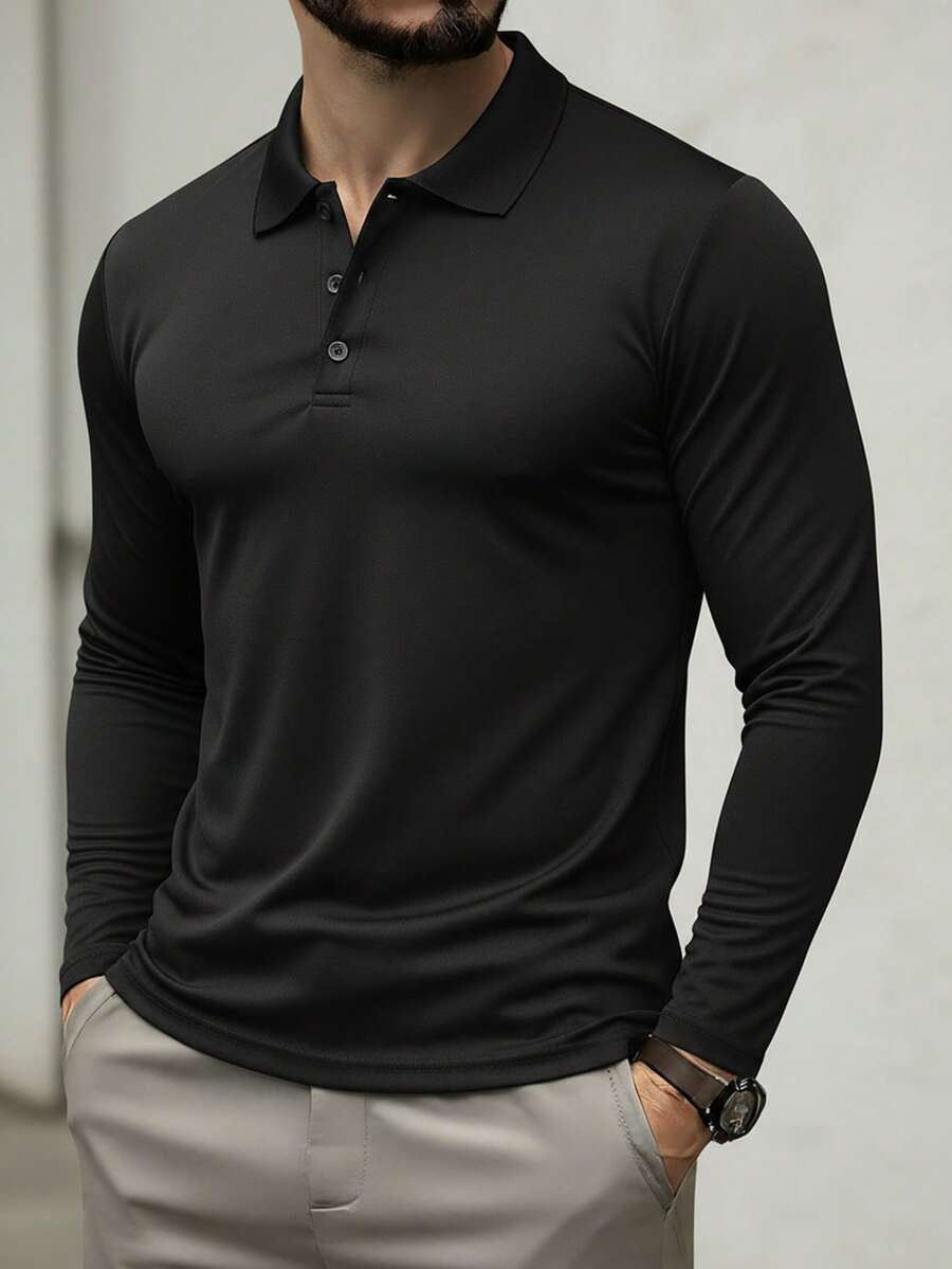 Polo a maniche lunghe da uomo, camicia casual da business in colore unito, slim fit, colletto, t-shirt basic per autunno/inverno