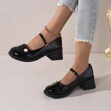Fashionable C-Position French Retro Campus Sweet Pearl Buckle Mary Jane Shoes For Women, Thick Heel One-Strap, High-Quality Glossy Leather, Simple & Exquisite Design, Suitable For Daily Wear, Dating, Commuting, Campus Matching Sweaters, Pleated Skirts, Versatile For Valentine's Day, Christmas, Halloween