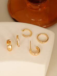 5pcs Elegant Gold-Tone Earring Set, Cubic Zirconia Inlaid, Includes Clip-On And Multiple Earrings, Stackable, Women Jewelry - Yellow Gold - View 4