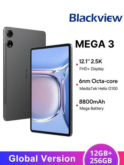 Blackview Blackview MEGA 3 Tablet Global Version 12GB+256GB 12.1-Inch FHD+ IPS Display 90Hz Refresh Rate MediaTek G100 CPU 8800mAh Battery 33W Fast Charging 50MP Rear Camera Android 15 Dual SlM Cards