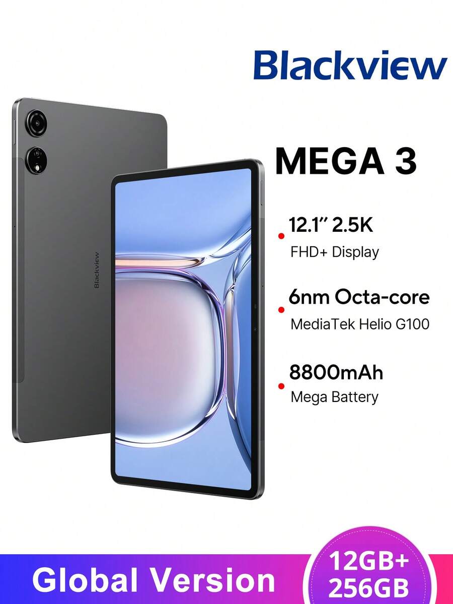 Blackview MEGA 3 平板电脑全球版 12GB+256GB 12.1 英寸 FHD+ IPS 显示屏 90Hz 刷新率联发科 G100 CPU 8800mAh 电池 33W 快速充电 50MP 后置摄像头 Android 15 双 SlM 卡 - 灰色 - 查看 1