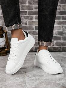 Couples Shoes Size 36-45, Women's Fashion Sneakers, Men's Casual Shoes, PU Leather Casual Lace-Up Flat Shoes For Women, Men's Skateboard Shoes, Black & White Contrast Color Men's Tennis Low-Top Shoes, Lightweight Soft-Sole Walking Shoes, Fitness Training Flat Shoes