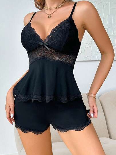 Women's Silk Satin Pajamas Sets Lace Trim Cami Tops And Skinny Shorts Sleepwear