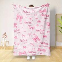 Personalized Pink Bow Anime Theme Flannel Blanket, Custom Name Soft Cozy Throw, Tear Resistant, Machine Washable, Digital Print, Polyester, All Seasons, 280gsm - Ideal For Couch, Bed, Camping & Travel,For Mother's Day,For Birthdays,For Father's Day,For Graduation,For Weddings,For Christmas,For Housewarming Sofa,Bed,Car,Bedroom,Living Room Washable,Lightweight,Breathable,Durable Cozy,Comfortable,Warm,Soft,Simple Custom,Personalized Ideal Gifts For Him,Ideal Gifts For Her