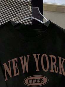 Plus Size Casual Simple New York English Graphic Crew Neck Short Sleeve Loose Fit T-Shirt For Women, Summer100 Comfortable Cotton - 黑色 - 查看 3