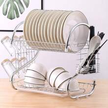 Drain Plate Rack, Cutlery Holder, Cup Storage Rack, Double-Layer Multi-Functional Set, Stainless Steel Kitchenware Organizer - Silver - View 6
