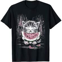 Watermelon Kitty In The Alley Cute Cat Design T-Shirt - Black - View 1