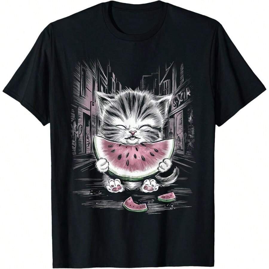 Watermelon Kitty In The Alley Cute Cat Design T-Shirt - Black - View 1