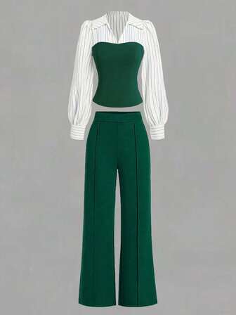 Damset med tunt randigt lapptäcke, elegant och avslappnad 2-delat set, långärmad topp och byxor, lämplig för kontor och hem, vår/sommar/höst