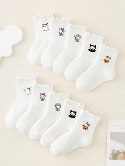 5/10 paires de chaussettes de sport pour enfants de couleur unie Sanrio pour le printemps/été, chaussettes en dentelle, chaussettes blanches de campus, chaussettes de sport, décoration d'Halloween avec motifs de chats fantômes/citrouilles. Chaussettes mi-mollet , douces, respirantes et absorbantes, convenant pour Halloween, usage quotidien, cadeaux, voyages, rentrée scolaire, campus, sports, nouvelle rentrée, étudiants, saison de la rentrée scolaire. Plusieurs combinaisons disponibles