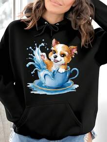Women's Casual Hoodie-Cute Dog In Teacup Floral Print, Micro Stretch Breathable Fabric, Machine Washable Spring Summer Fall Top, Perfect Gift For Pet Lovers, Dog Tshirt, Everyday Top, Playful Design, Comfortable Fit, Graphic Hoodie, Fashion Enthusiasts
