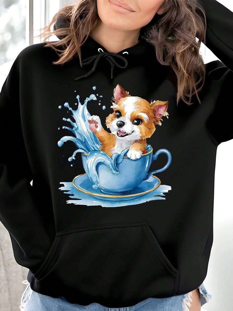 Women's Casual Hoodie-Cute Dog In Teacup Floral Print, Micro Stretch Breathable Fabric, Machine Washable Spring Summer Fall Top, Perfect Gift For Pet Lovers, Dog Tshirt, Everyday Top, Playful Design, Comfortable Fit, Graphic Hoodie, Fashion Enthusiasts